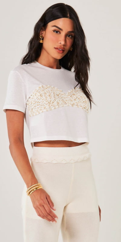 T shirt Cropped Busto Crochê