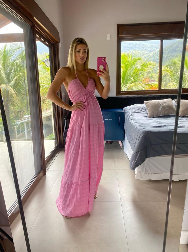 Vestido Longo com Decote Profundo Rosa